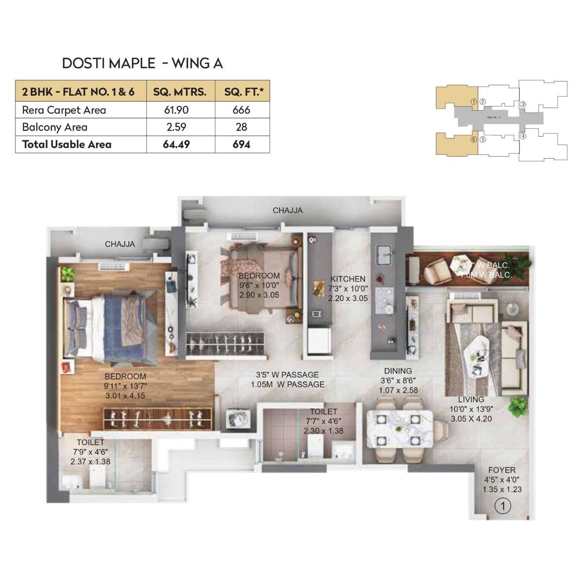 Dosti-Maple-Floor-Plan-Wing-A-2-BHK-694-sqft