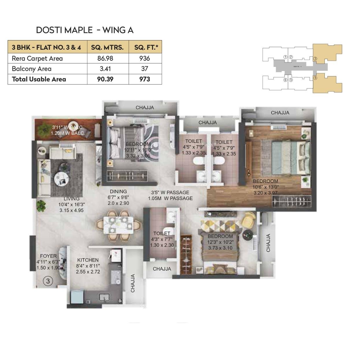 Dosti-Maple-Floor-Plan-Wing-A-3-BHK-973-sqft