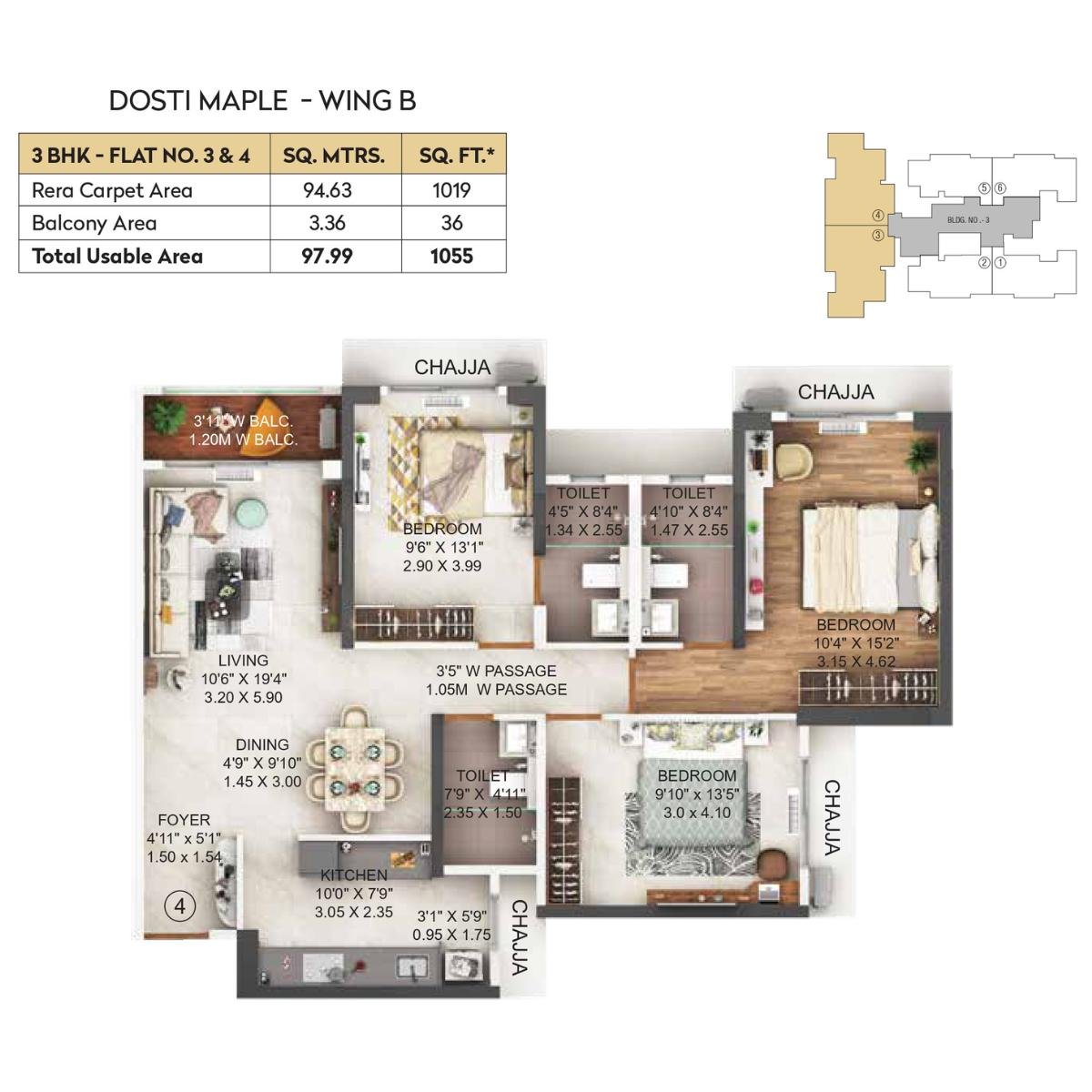 Dosti-Maple-Floor-Plan-Wing-B-3-BHK-1055-sqft